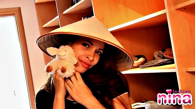 Lesbo Nina strips then gets dressed in the closest