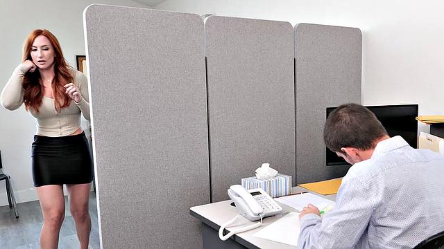 Sexy redhead Sophia Locke has IT guy deliver his jizz on her tits