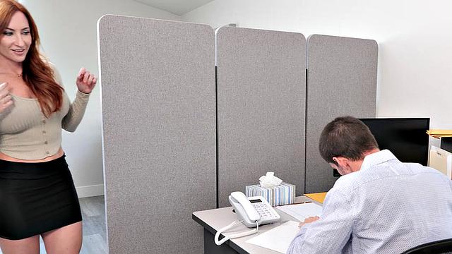 Sexy redhead Sophia Locke has IT guy deliver his jizz on her tits