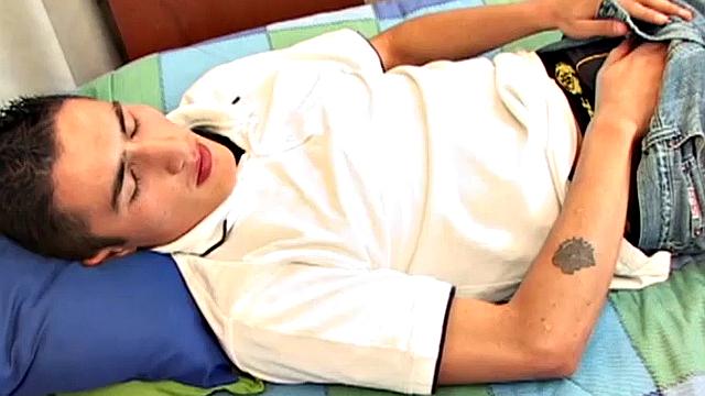 This Latino boy strips naked and shows us what is clearly a virgin ass. None the less, Junior does his best to finger fuck himself. Then the Latin twink gets on his back and strokes his stiff cock.