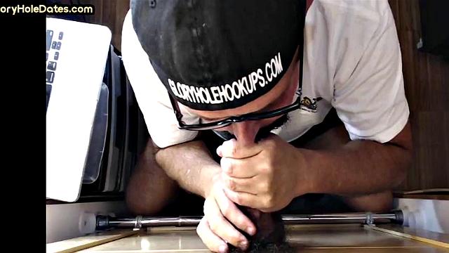 Gloryhole guy loves sucking big dick while jerking