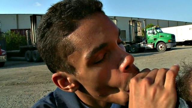 Ebony babe with glasses gets her tight ass nailed in public parking lot