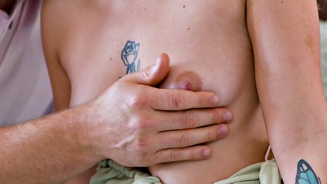 Hairypussy inked babe spoiled by BF on the bed