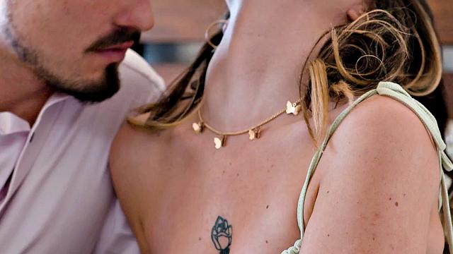 Hairypussy inked babe spoiled by BF on the bed