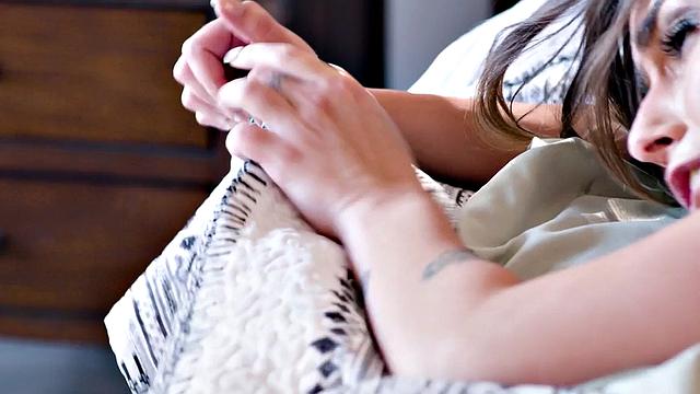 Hairypussy inked babe spoiled by BF on the bed