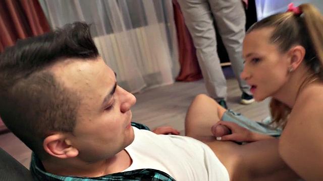 College uniform teen doggystyle fucked after dickblowing