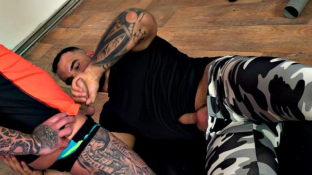 Tattooed nympho hunk fucked by nice stud in anal hole