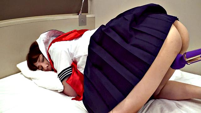 Shy girl Yuri puts on old school uniform for fucking