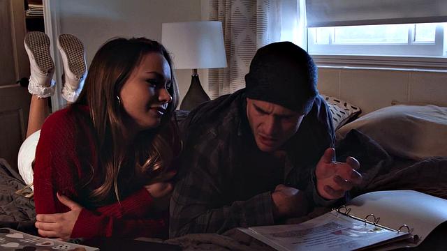 Man pounds busty babe in the office while she licks his shaft