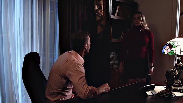 Man pounds busty babe in the office while she licks his shaft