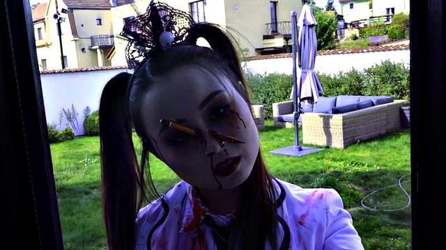 Asian horror babe in cockriding trio while in uniform