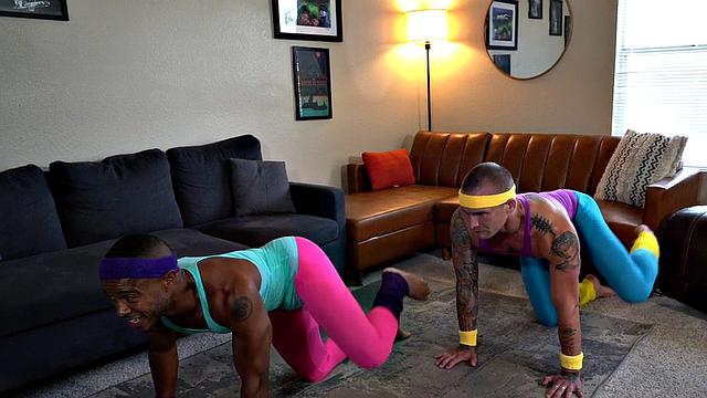 Athletic yoga guy fucked by white top on stretching