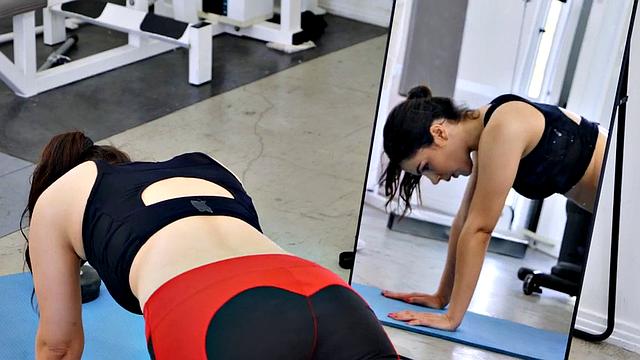 Tattooed gym babe gets her ass drilled hard from behind after a steamy fuck session