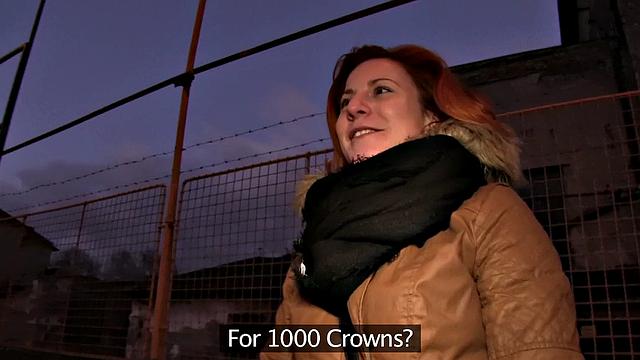 Watch this trimmed, eager redhead flash her tits for cash and get fucked outdoors