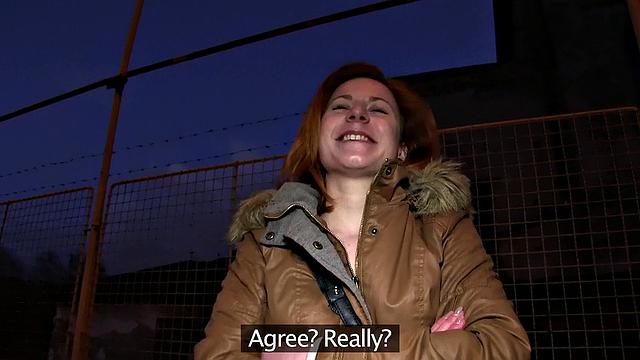 Watch this trimmed, eager redhead flash her tits for cash and get fucked outdoors