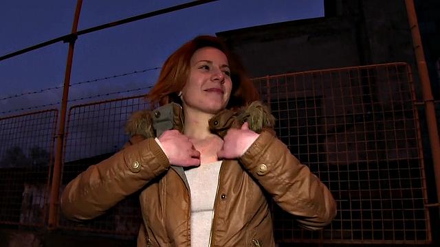 Watch this trimmed, eager redhead flash her tits for cash and get fucked outdoors