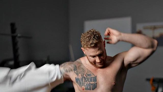 Gym ginger hunk wanking his cock until cumshot