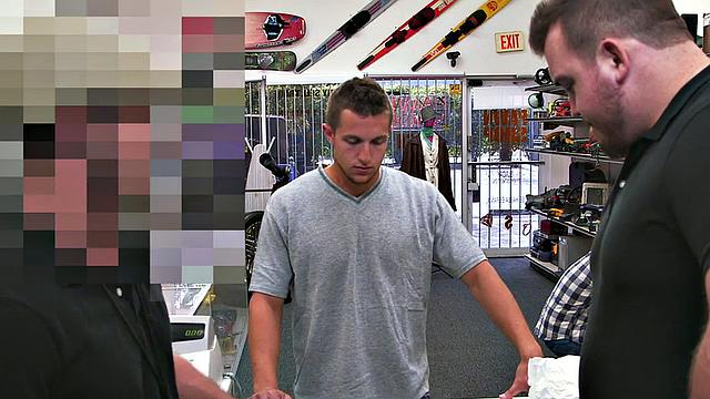 Amateur stud fucked in pawnshop office after BJ