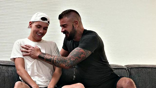 Skinny active twink barebacks tattooed bottom