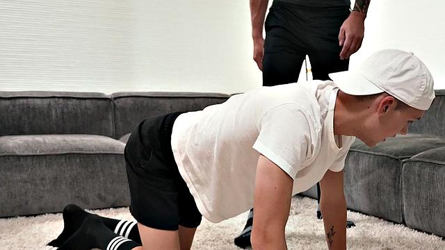 Skinny active twink barebacks tattooed bottom