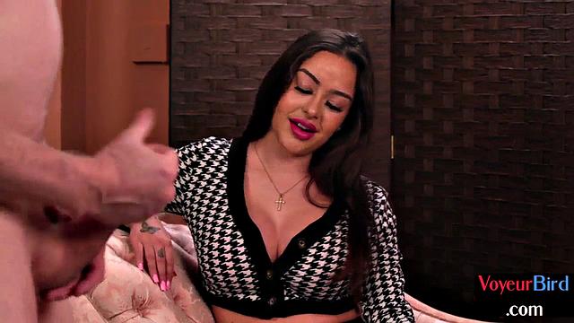 British busty voyeur in high heel boots teases