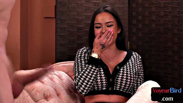 British busty voyeur in high heel boots teases