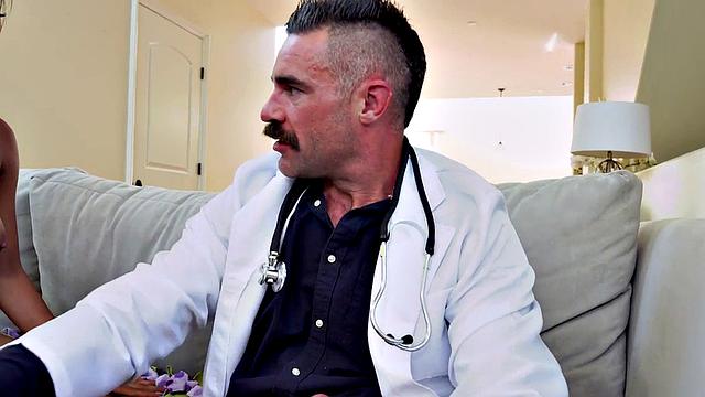 A busty ebony babe lick and suck doctor's feet in the shower