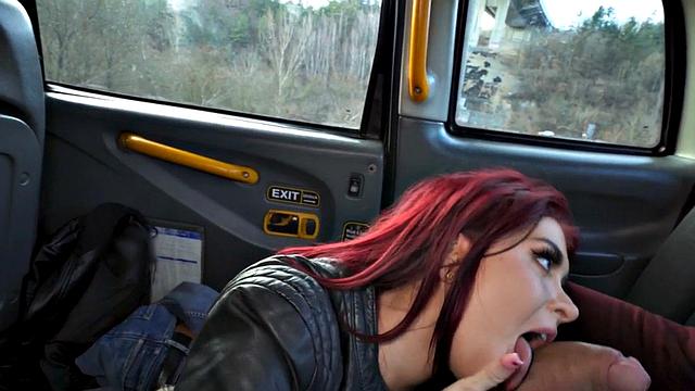 Redhead cab babe outdoor fucked in taxi after BJ