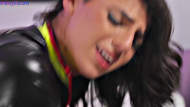 Latex femboy in gloves barebacked by athletic jock