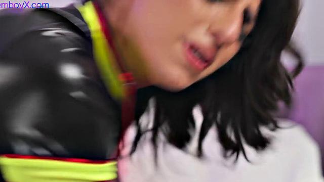 Latex femboy in gloves barebacked by athletic jock