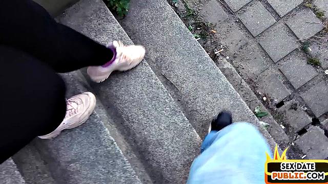 Pulled busty babe doggystyled outdoors