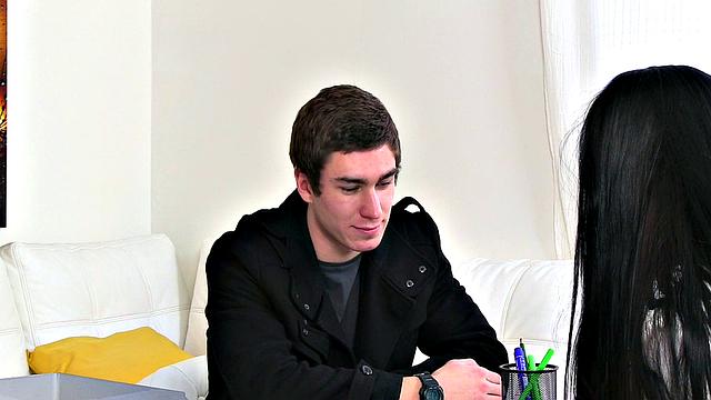 Sexy brunette in high heels gets her tight pussy filled with cum