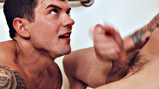 Tattooed stud bareback fucks in shower till cum in mouth