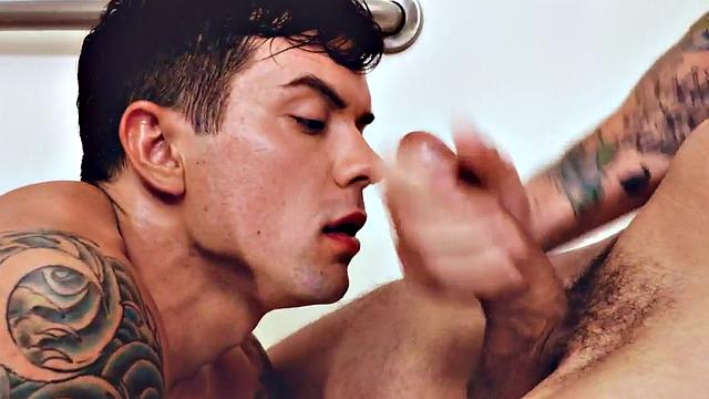 Tattooed stud bareback fucks in shower till cum in mouth