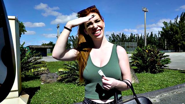 Kinky tattooed redhead picked up for wild pussy & throat pounding in car