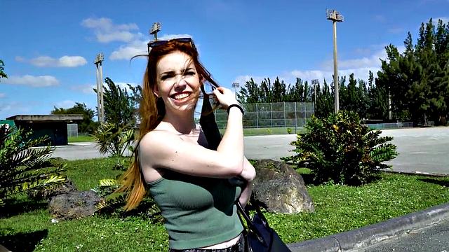 Kinky tattooed redhead picked up for wild pussy & throat pounding in car