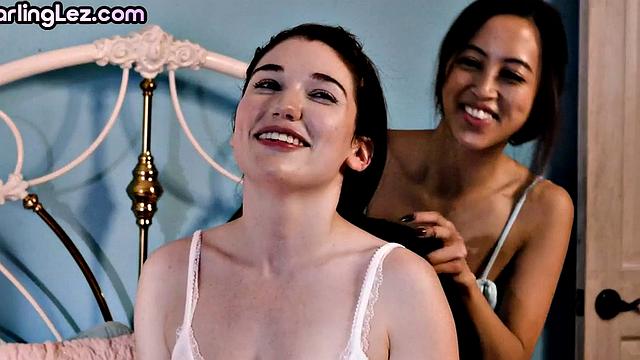 Petite Asian dykes eating hairy pussy while fingering