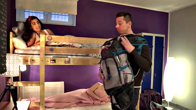 Hostel room 3some babes fucked in FFM action by roommate