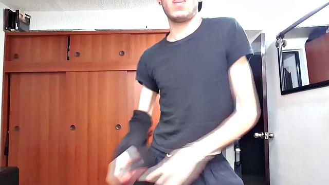 This skinny Latin boy teases us, as he strips naked and works his big dick until it's rock hard. The young man is all over the place, as he beats his meat and occasionally shows off that fine looking little butt of his.