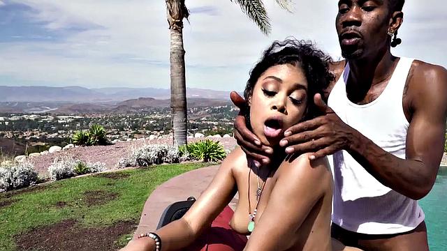 Curly-haired ebony teen with tattoos takes BBC deep in her throat & pussy outside