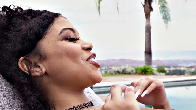 Curly-haired ebony teen with tattoos takes BBC deep in her throat & pussy outside