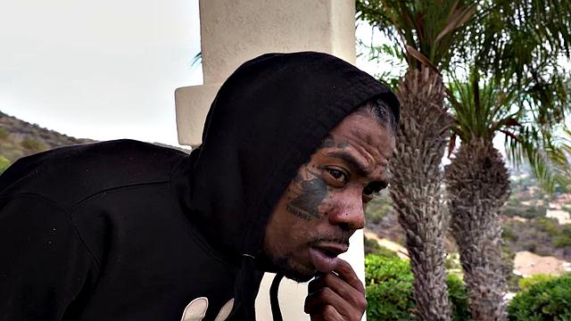 Curly-haired ebony teen with tattoos takes BBC deep in her throat & pussy outside