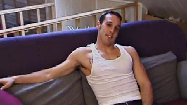 After work, Ryan cues up a porn video and begins stripping off his clothes. He's totally into himself and poses for the camera.