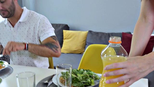 Sexy girl gets pounded in the kitchen by her cuckold husband