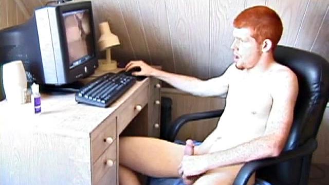Seated in front of the computer, Tristian pulls out his cock, lubes it up and starts jacking off to the porn video playing. After showing us his butt, and working himself to the edge, Tristian pumps his load onto the computer screen.