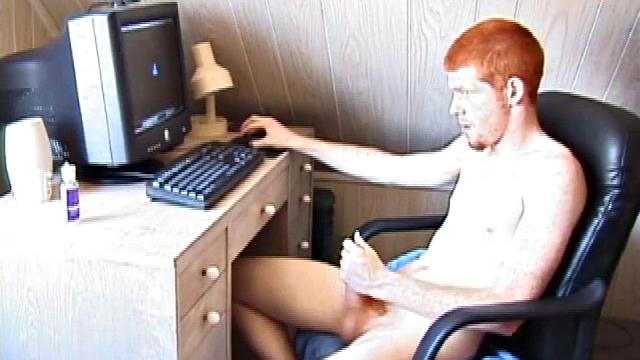 Seated in front of the computer, Tristian pulls out his cock, lubes it up and starts jacking off to the porn video playing. After showing us his butt, and working himself to the edge, Tristian pumps his load onto the computer screen.