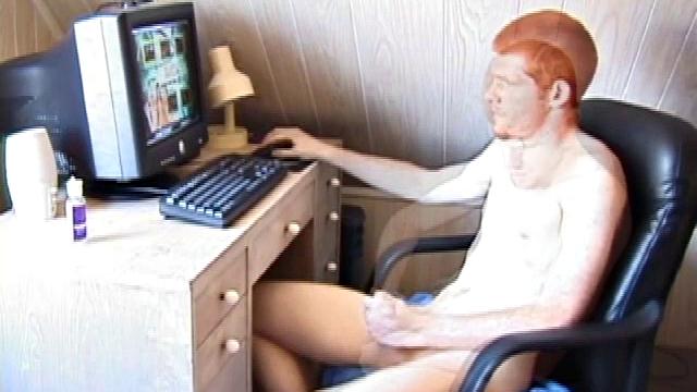 Seated in front of the computer, Tristian pulls out his cock, lubes it up and starts jacking off to the porn video playing. After showing us his butt, and working himself to the edge, Tristian pumps his load onto the computer screen.