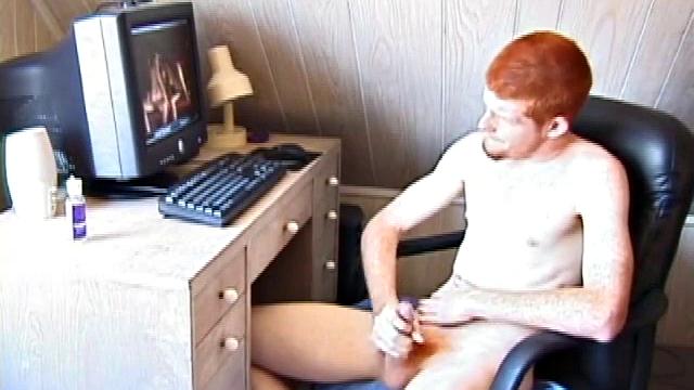 Seated in front of the computer, Tristian pulls out his cock, lubes it up and starts jacking off to the porn video playing. After showing us his butt, and working himself to the edge, Tristian pumps his load onto the computer screen.