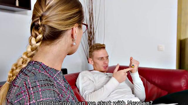 Blonde MILF in high heels and panties gives a steamy tutoring session with a twist