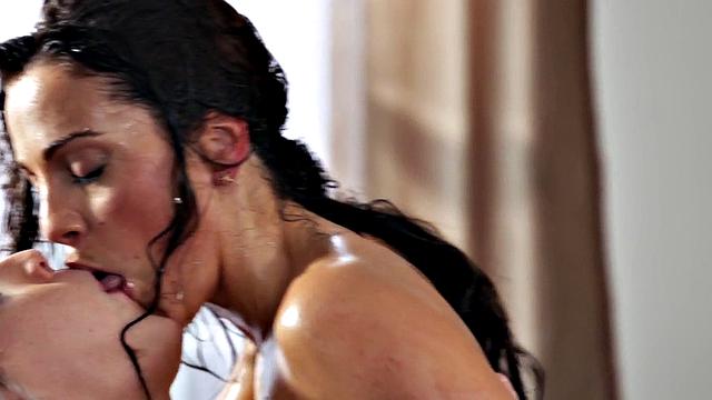 Lez squirting teens are all wet on couch during sex